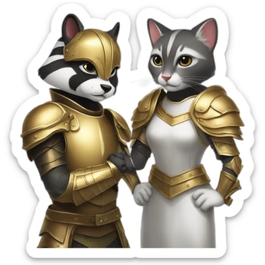 a badger with a lether armour beside a white female cat with a golden armour sticker