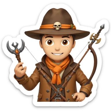 male human monster hunter emoji, wearing brown leather coat and wide hat, holding crossbow, with amulet shaped like skull, Halloween fantasy theme, confident smile, orange scarf, Apple emoji style, clean white background, square image sticker