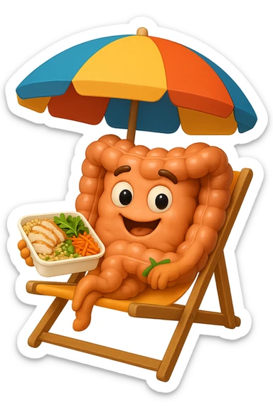 EMOJI STILE IPHONE DI INTESTINO IN SPIAGGIA SU UNA SPIAGGINA SOTTO L'OMBRELLONE CON IN MANO UNA SCHISCETTA DI Insalata di quinoa e pollo con rucola e carote, iperrealistica 4k sticker