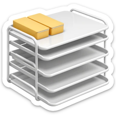 A minimal, clean emoji-style illustration of a white metal desk paper organizer tray, shown in slight isometric view so its structure is readable at a small scale. The organizer is rectangular with rounded corners, made of thin white metal wires, forming two to three stacked horizontal slots.
 sticker