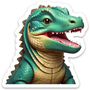 Cinematic Cute Yawning Komodo Dragon Lizard Portrait Emoji, Head slightly angled in a dramatic, wide-open yawn, showcasing rugged, textured scales and sleepy, half-closed eyes, Simplified yet irresistibly adorable features, highly detailed, glowing with a soft, cozy glow, high shine, relaxed yet expressive, stylized with a hint of whimsical wildness, soft glowing outline, capturing the essence of a drowsy yet endearing reptile that appears ready to stretch out for a nap! sticker