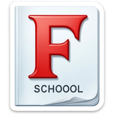 A report card from school is showing that the student is failing a class at school. The report card has the word "school" written on it. The failing grade is indicated by large red letter F on it. The paper or document should not be crumbled up but rather neat and clean. sticker
