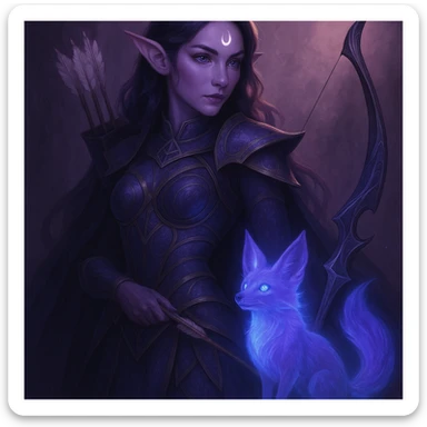 Add a magical pet companion, such as a glowing spirit fox or small dragon, beside the purple fantasy elf archer. Keep the fantasy theme and color harmony in a style consistent with the original image. sticker
