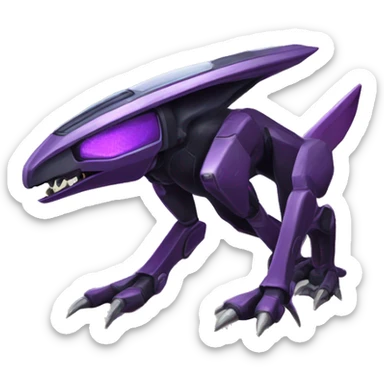 a shiny black-purple-yellow Genesect-Raptor-Fakémon—hybrid with a futuristic visor-helmet full bod sticker