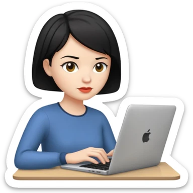 a white woman who has black short hair typing laptop sticker