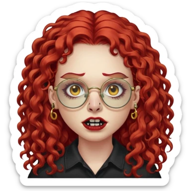 zombie with long red curly hair, thick lashes, black glasses, gold nose piercings on each nostril, and a gold eyebrow piercing. sticker