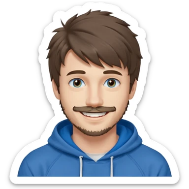 20 year old man, short scruffy beard and thin moustache, brown puffy mullet, blue eyes, big smile, white teeth, big lips, pronounced jaw, hair longer in back, sticking up on top, thin face, grey hooded sweatshirt, pale skin, big smile, blue eyes, puffy hair that is long in back sticker