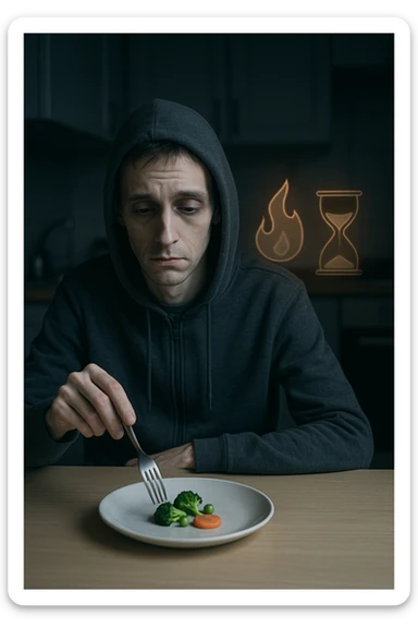 Slim man in his 30s sitting at a table with a tiny portion of food, looking tired and cold, wearing a hoodie indoors. Pale skin, low energy expression, dark circles under eyes. His plate has only a few vegetables and no protein or carbs. Dim kitchen background, slow metabolism symbolized by a dimmed internal flame or sluggish hourglass near him. sticker