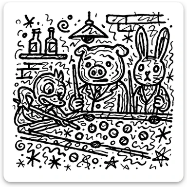 Edit the image of a duck, pig, and rabbit playing pool in a bar. Make the background completely white and all strokes and lines black, maintaining the chaotic doodle style for coloring. sticker