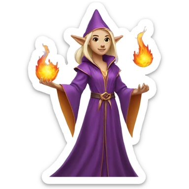 female elf wizard wearing purple robes casts fireball sticker