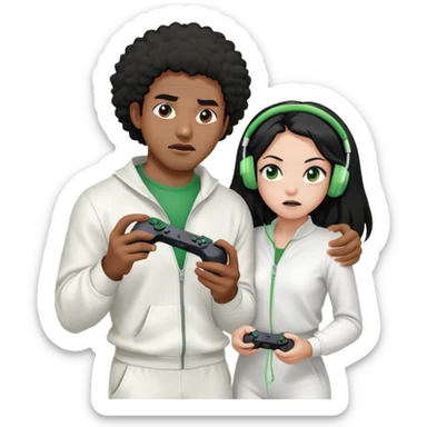 A black man wearing a white jump suit, green headphones and holding a ps5 controller being strangled by a mad, young, Hispanic woman with long black hair sticker