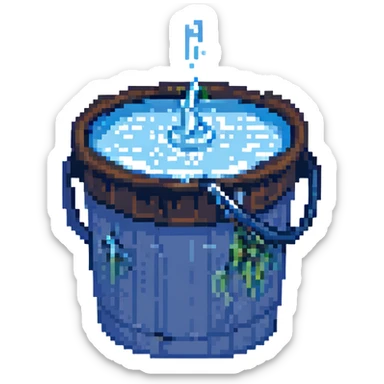 blue bucket of water with a visible leak, water dripping out sticker
