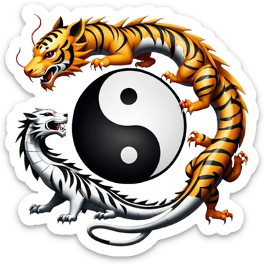 An icon symbolizing Eastern martial arts in the style of an emblem, featuring a black-and-white Yin-Yang symbol, a dragon, and a tiger. The dragon and tiger represent strength and agility, surrounding the symbol. Traditional elements like bamboo add to the design. Transparent background. sticker