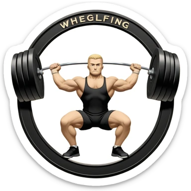 Emblem symbolizing weightlifting, featuring a barbell with heavy weights on either side, lifted above a strong, determined figure. The design conveys strength, focus, and the precision required in the sport. The barbell is centered, with a dynamic, bold style to emphasize power and athleticism.  sticker