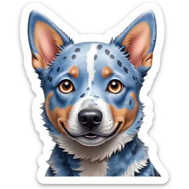 Cinematic Cute Blue Speckle Australian Cattle Dog Portrait Emoji, Head tilted playfully and inquisitively, featuring a vibrant blue speckle Fur with dynamic patterns, round, sparkling blue eyes filled with curiosity, Simplified yet irresistibly adorable features, highly detailed, glowing with a warm, friendly glow, high shine, affectionate and energetic, stylized with a touch of whimsy, bright and endearing, soft glowing outline, capturing the essence of a mischievous yet loving pup, so playful it feels like it could bound out of the screen and into your arms! sticker