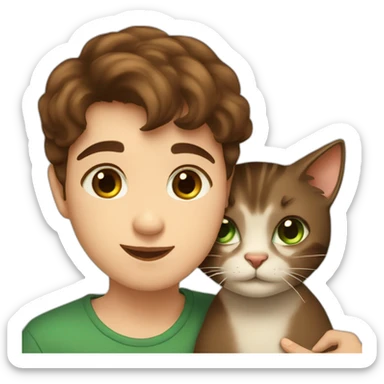 Girl with brown eyes and brown hair kisses the boy with brown hair and green eyes and hugs brown cats sticker