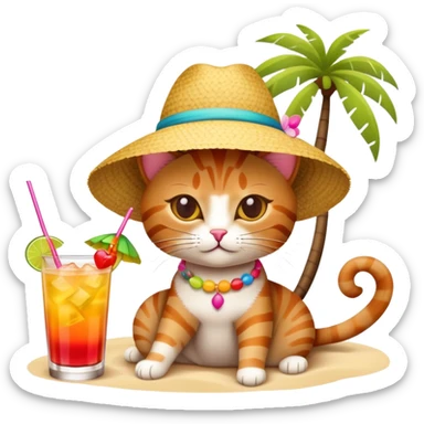 Cat with sunhat relaxing on beach with colorful mai tai cocktail sticker