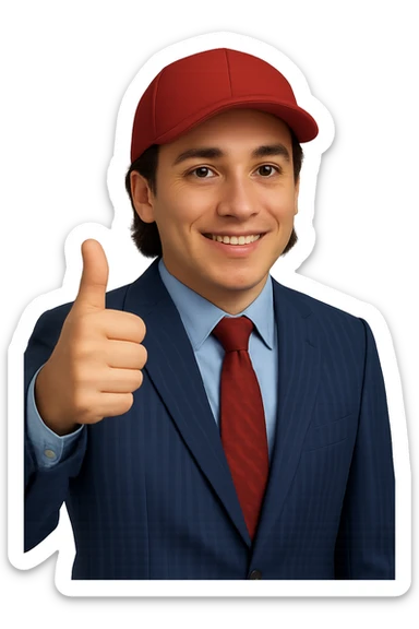 Change the skin tone to white. Maintain the 50% realistic emoji style of a smiling man in a pinstripe suit and red cap, giving a thumbs up. Transparent background. sticker