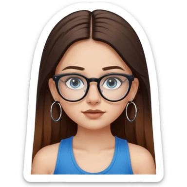 White girl with long straight brown hair and blue eyes wearing plastic frame glasses that go from black to clear ombré from top to bottom. Septum nose piercing and stud nose piercing on right side of nose. Wearing BLACK tank top. Wearing big hoop earrings  sticker