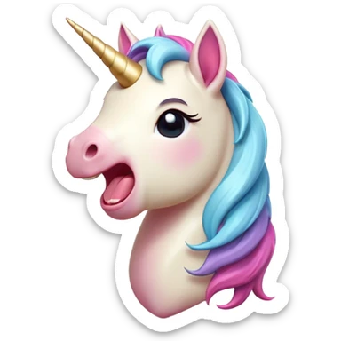 Cinematic Cute Yawning Unicorn Pony Portrait Emoji, Head tilted slightly with a dramatic, wide-open yawn, showcasing a petite, softly glowing form with a gently drooping mane, a subtle, shimmering horn and sleepy, half-closed eyes, Simplified yet irresistibly adorable features, highly detailed, glowing with a soft, cozy pastel glow, high shine, relaxed yet expressive, stylized with a dash of whimsical enchantment, soft glowing outline, capturing the essence of a drowsy yet affectionate unicorn pony that appears ready to stretch and yawn its way off the screen! sticker