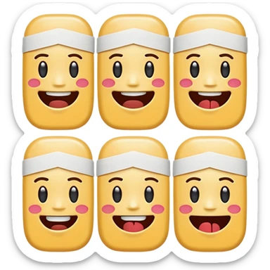16 different variations of a band aid as and emoji with smiling with teeth, smiling without teeth, crying laughing or sad, mad, sad, tired, censored, funny, glasses, love, serious, with a hat, sticking out tounge, sleeping, injured, and angel Formatted in rows of 4x4 and with a white background sticker