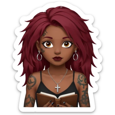 generate an ios genmoji of a dusky girl with long dark red messy hair with eyeliner on her eyes. septum piercing, wearing a cami black top, has tattoos, on shoulders. ear piercings. wearing a cross silver necklace. carrying a lot of sketchbooks sticker