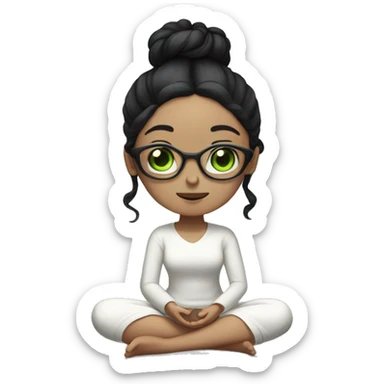 White skinned girl with glasses and green eyes and a bun with black hair, meditating on the floor sticker