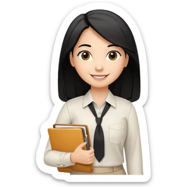 a light tan woman with long black hair past mid-back, round brown eyes, with folders in her hands. she has a id lanyard on and white professional blouse. sticker
