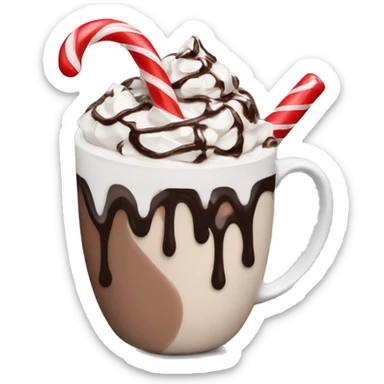 Hot chocolate with whip cream and chocolate drizzle with a candy cane sticker