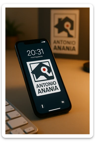 A photo of an iPhone with the message "Antonio Anania" on its screen, The phone sits atop a desk with a blurred background that suggests work environment. A faint glow from above casts gentle shadows across the surface of each object, creating depth and highlighting their textures sticker