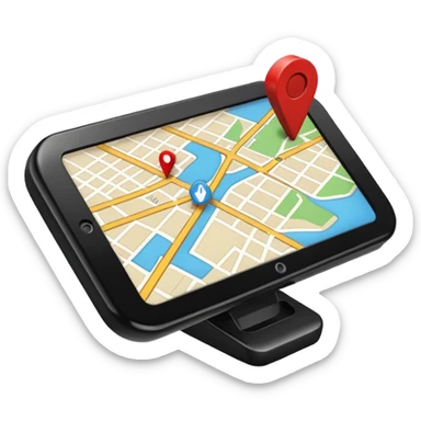 apple style emoji of a small navigation device with a screen showing a street map and a direction arrow, stylized sticker