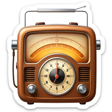 A photorealistic icon featuring an old-fashioned radio with a vintage dial, radio waves emanating from it, and a warm, glowing light. The design includes detailed textures, soft lighting, and nostalgic elements, symbolizing the love for radio broadcasting and music. Transparent background. sticker