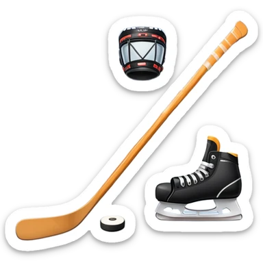Please, make An icon featuring close-up shots of key hockey equipment: a hockey stick, puck, and skates. The background shows a packed stadium with cheering fans, bright arena lights, and an icy rink. Transparent background highlights the essentials of the game and the thrill of the sport. sticker