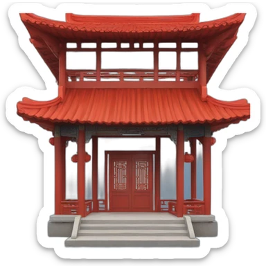 the front facade of a small Chinese-style house with a blue roof and red wooden structures sticker