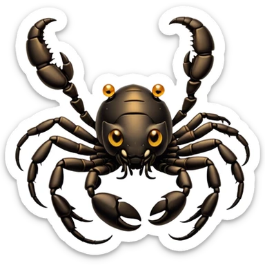 Cinematic Cute Emperor Scorpion Portrait Emoji, Head tilted playfully and inquisitively, with a compact, rugged build and a sleek, dark exoskeleton highlighted by delicate, intricate patterns and round, sparkling eyes full of curious defiance, Simplified yet irresistibly adorable features, highly detailed, glowing with a warm, friendly glow, high shine, affectionate and quirky, stylized with a touch of desert whimsy, soft glowing outline, capturing the essence of a mischievous yet endearing scorpion that feels like it could pinch its way out of the screen into your arms! sticker
