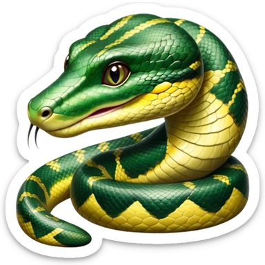 cinematic-cute-Green anaconda-portrait-emoji,-head-tilted-playfully-and-inquisitively,-with-a-sleek,-shimmering-body-adorned-with-detailed-scale-sriped patterns-and-round,-sparkling-eyes-full-of-wonder,-simplified-yet-irresistibly-adorable-features sticker