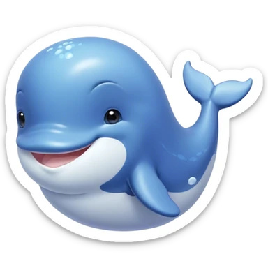 Cinematic happy baby whale, chubby rounded body, tiny smiling face, soft pastel blue hues, gentle glowing waves around, joyful and soothing. sticker