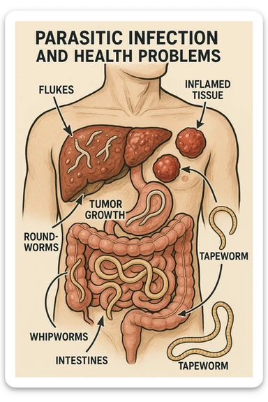 a cross-section of a man’s torso displays various types of parasites embedded in the liver, intestines, and other organs. Tumor growths and inflamed tissues are clearly depicted, with arrows or labels explaining the link between parasitic infection and health problems. The mood is cautionary and informative. in italiano sticker