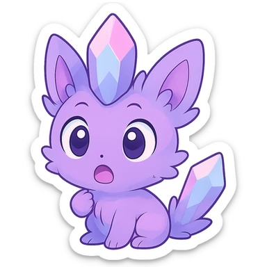 Create a chibi kawaii crystal sprite creature with a crystal tail in pastel purple, blue, and pink colors. The creature should have a surprised and wide-eyed expression. Remove the background. sticker