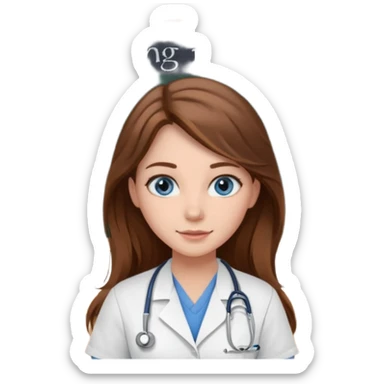 university classroom that says nursing school on the blackboard with a pretty female nursing student with long brown hair, blue eyes sticker