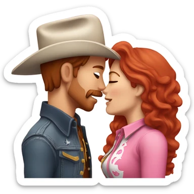 Cowboy with brown hair kissing cowgirl with red hair wearing pink sticker