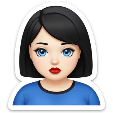 plus size teenage girl with a black bob haircut, side parted, blue eyes, black eyeshadow, red lipstick, wearing a black shirt, emoji style sticker