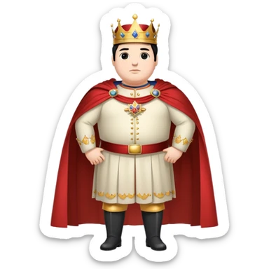 Full body of tall, chubby Francisco I with black hair, royal king standing in royal attire with crown and cape, elongated figure sticker