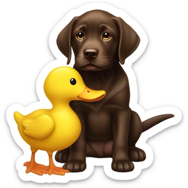 Chocolate lab puppy with big yellow duck toy sticker