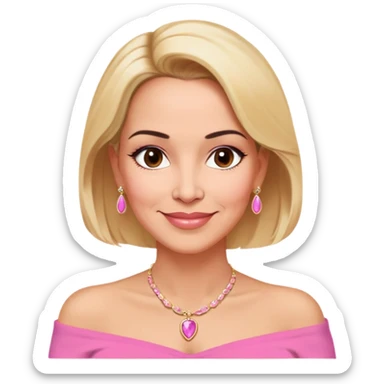 Puerto Rican actress Linette Torres in her 50s with warm light skin, sweet loving expression, gentle kind eyes, well-defined eyebrows, straight nose, warm smile, shoulder-length blonde hair, wearing a pink off-shoulder strapless top and a necklace sticker