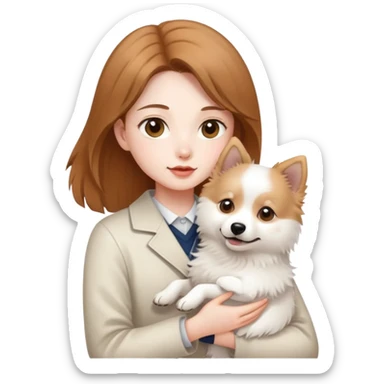 light brown hair girl with pale skin holding a Japanese spitz dog sticker