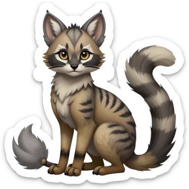 Cute kawaii cool edgy badass  ashen grey fur with smoky charcoal ombré fade fantasy-caracal-civet-genet-sergal-vernid-Gryphon-Cacomistle-Trico-oncilla-animal-Fakémon-hybrid-fursona (full body), facial markings, (realism style) sticker
