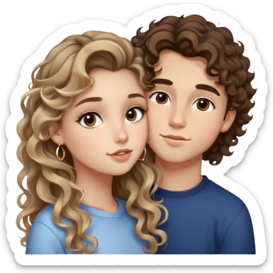 cute girl (long brunette balayage curly/wavy not voluminous hair, brown eyes, hoop earrings, natural pretty clean makeup): kissing on the cheek a cute boy (blondish straight hair and brown eyes and a cute face) sticker