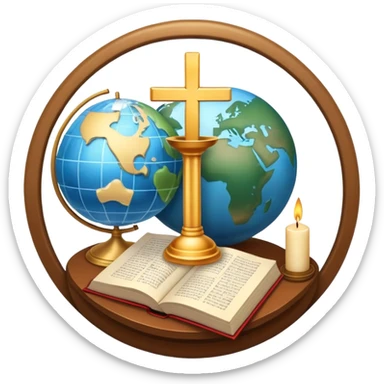 An icon featuring a holy book, a candle, a cross, and Islamic crescent and star, alongside a Buddhist wheel of Dharma, symbolizing religious studies. The design includes a globe with these symbols, representing the diversity of beliefs. Transparent background  sticker