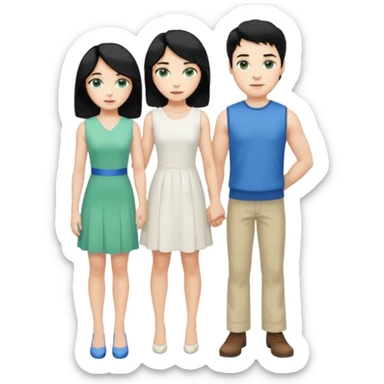 prince, standing upright, black Hair, blue eyes, garment, and woman, bending knee, sleveless white dress, blonde hair, green eyes, sticker